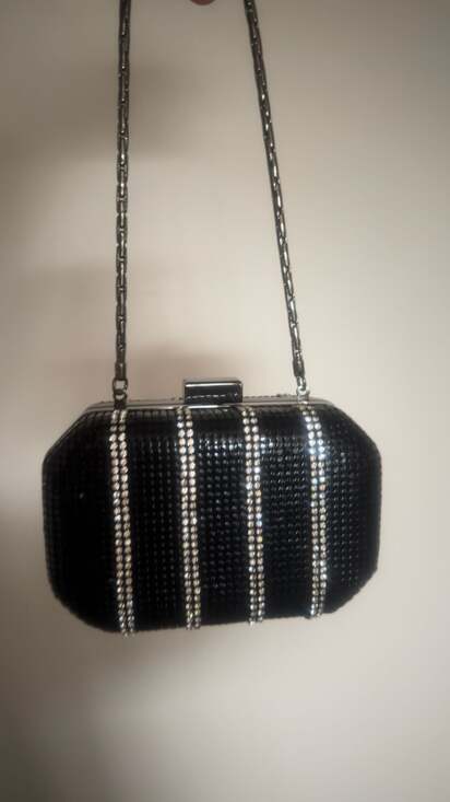 Whiting & Davis Handbags - Whiting & Davis Black Crystal Rhinestone Striped Hard Case Clutch